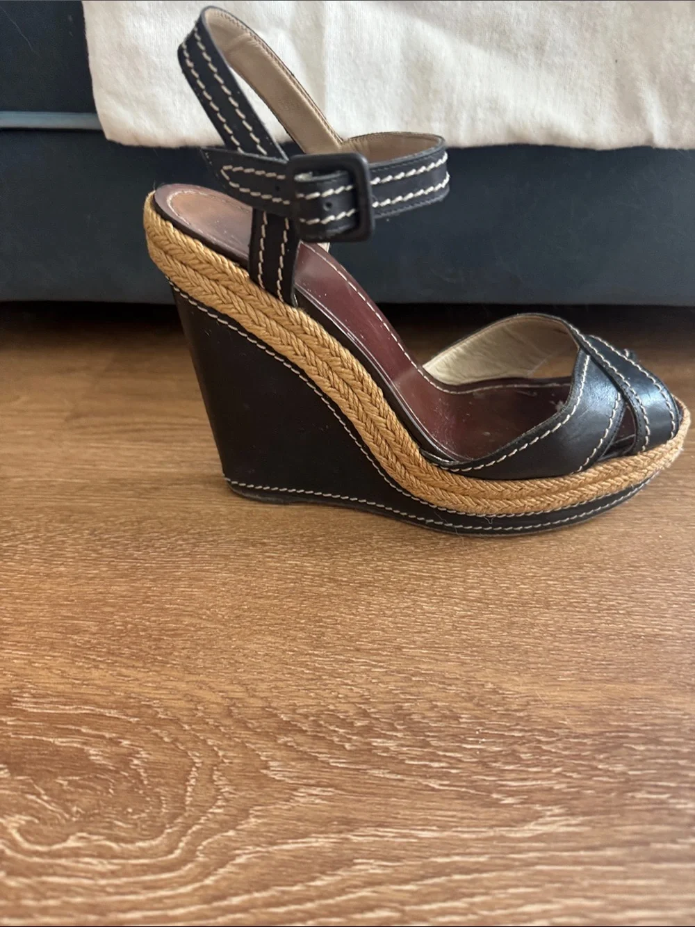 Christian Louboutin Black Leather Wedge Sandals with Espadrille Platform